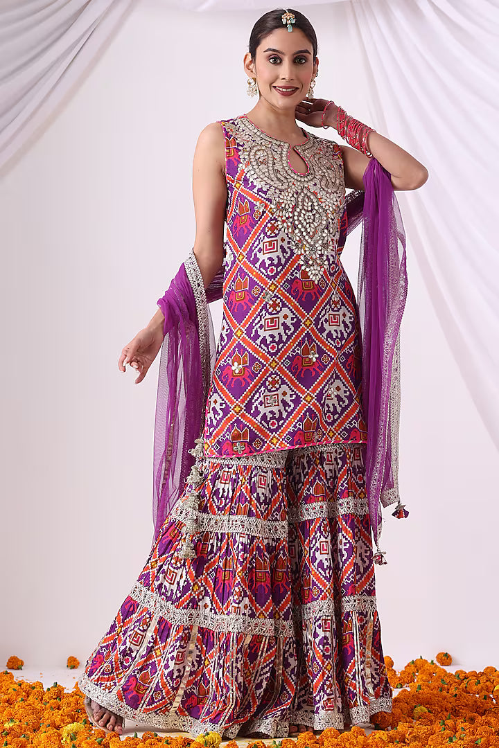Purple Dola Silk Digital Printed Gharara Set