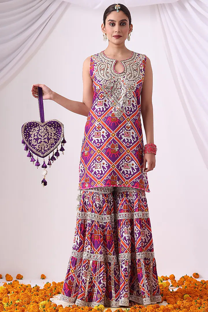 Purple Dola Silk Digital Printed Gharara Set