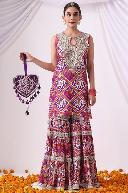 Purple Dola Silk Digital Printed Gharara Set