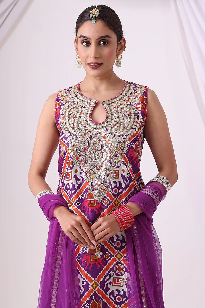 Purple Dola Silk Digital Printed Gharara Set