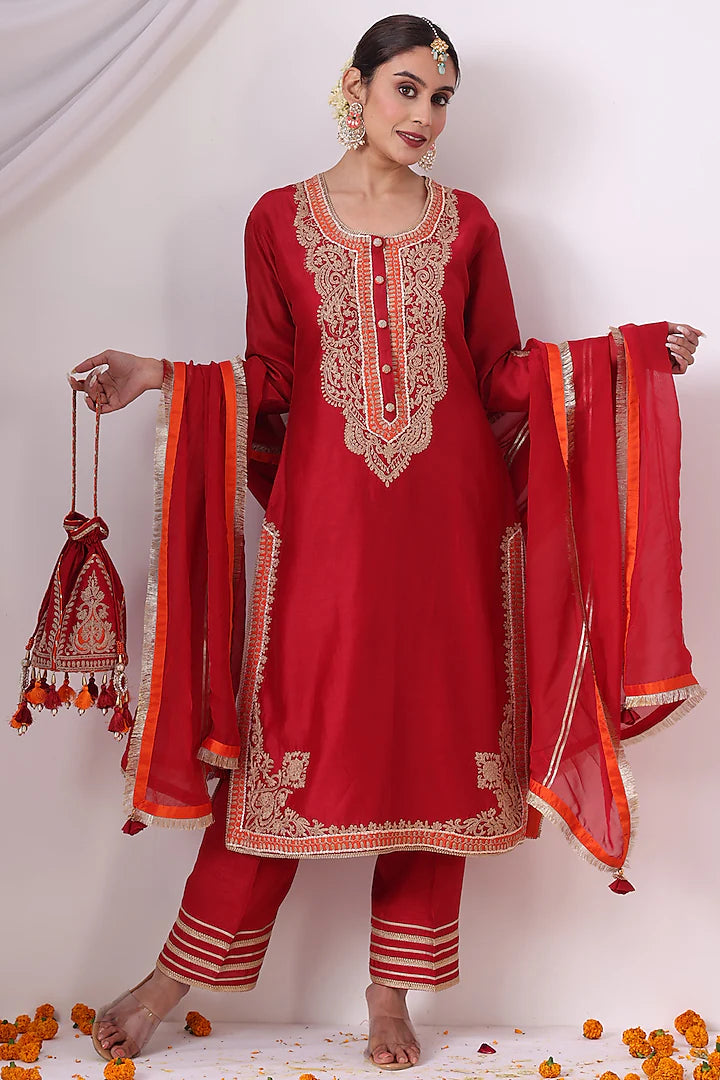 Red Chanderi Zari Embroidered Kurta Set