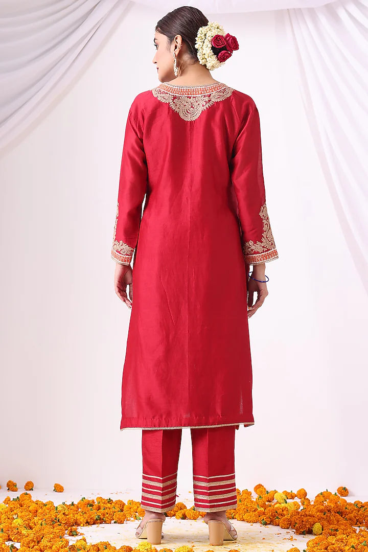 Red Chanderi Zari Embroidered Kurta Set