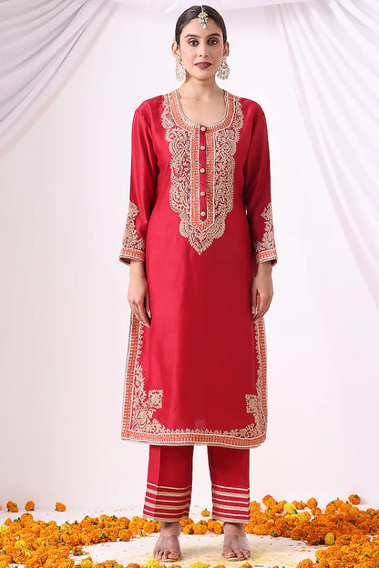 Red Chanderi Zari Embroidered Kurta Set