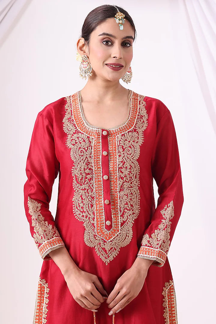 Red Chanderi Zari Embroidered Kurta Set