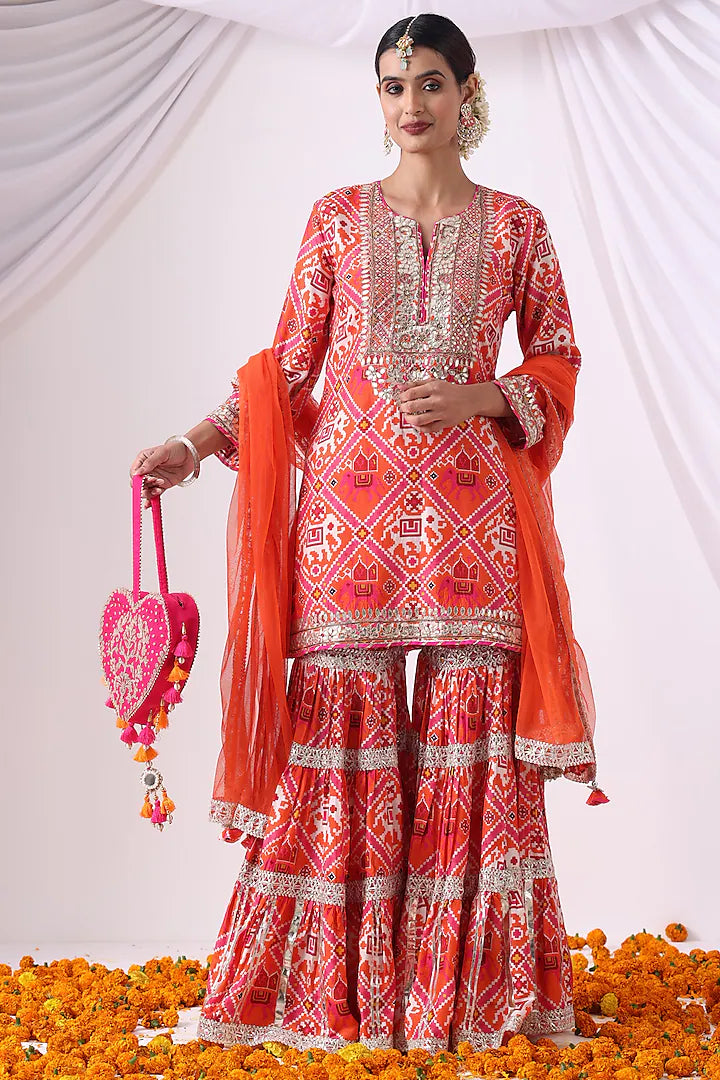 Orange & Pink Dola Silk Digital Printed Gharara Set