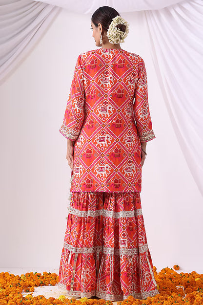 Orange & Pink Dola Silk Digital Printed Gharara Set