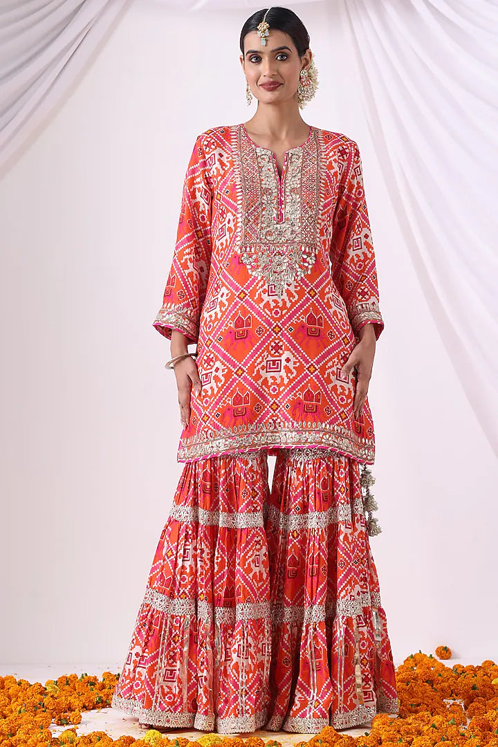 Orange & Pink Dola Silk Digital Printed Gharara Set