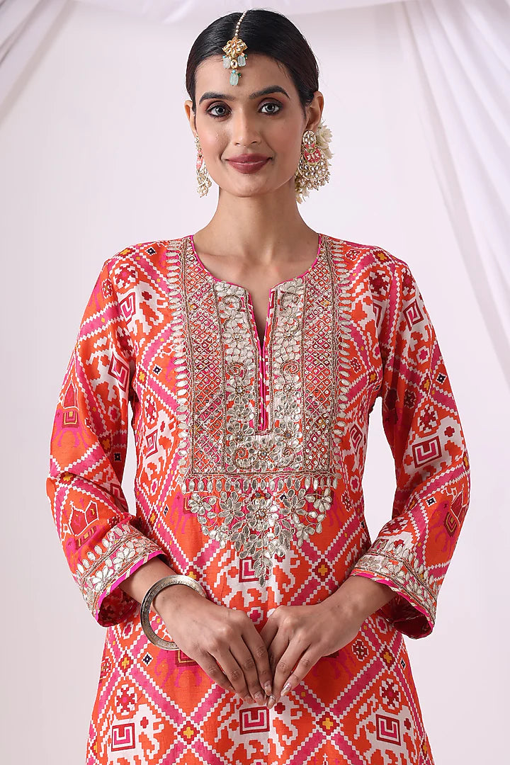 Orange & Pink Dola Silk Digital Printed Gharara Set