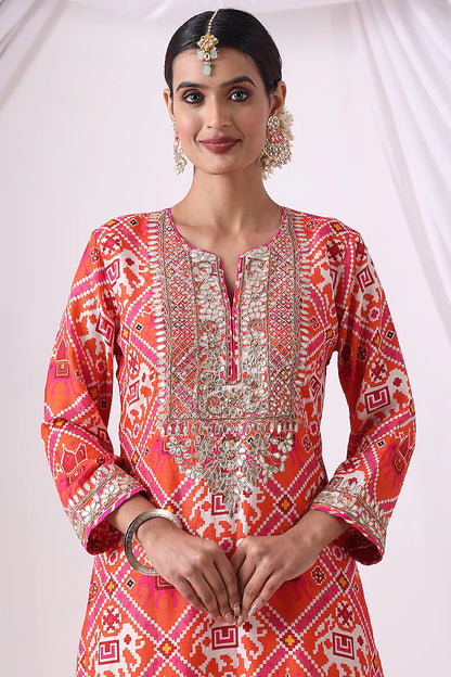 Orange & Pink Dola Silk Digital Printed Gharara Set