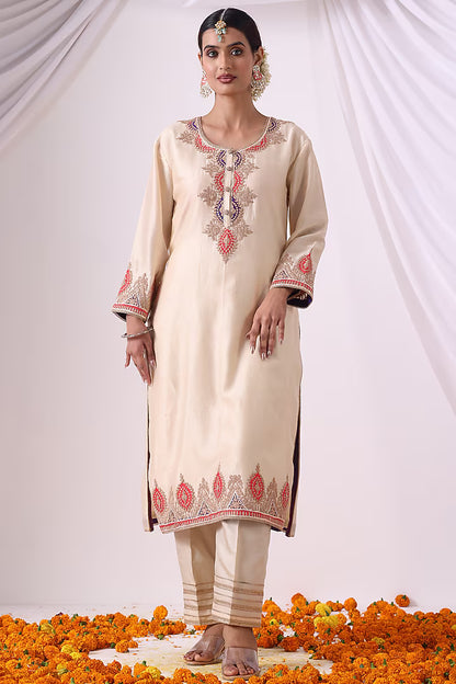 Ivory Chanderi Zari Embroidered Kurta Set
