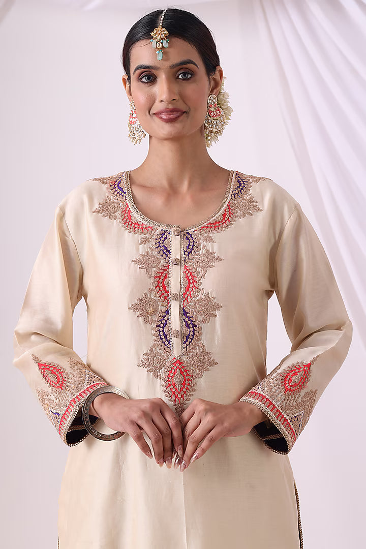 Ivory Chanderi Zari Embroidered Kurta Set