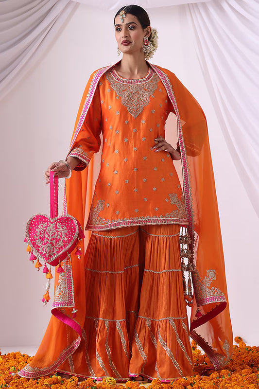 Orange Dola Silk Gharara Set