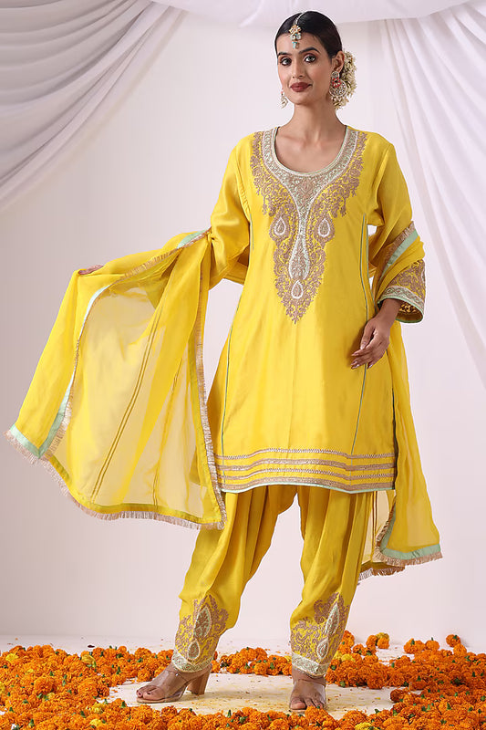 Yellow Chanderi Zari Embroidered Choga Kurta Set