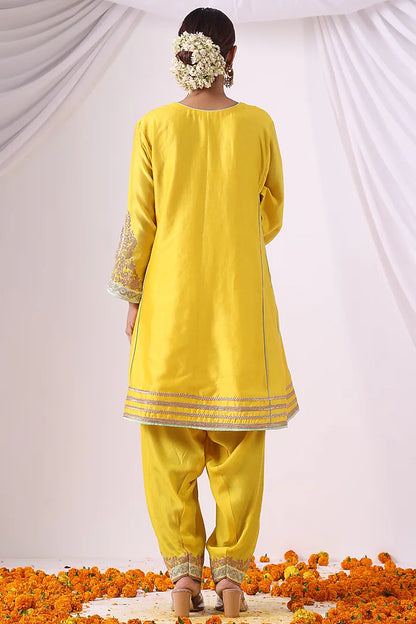 Yellow Chanderi Zari Embroidered Choga Kurta Set