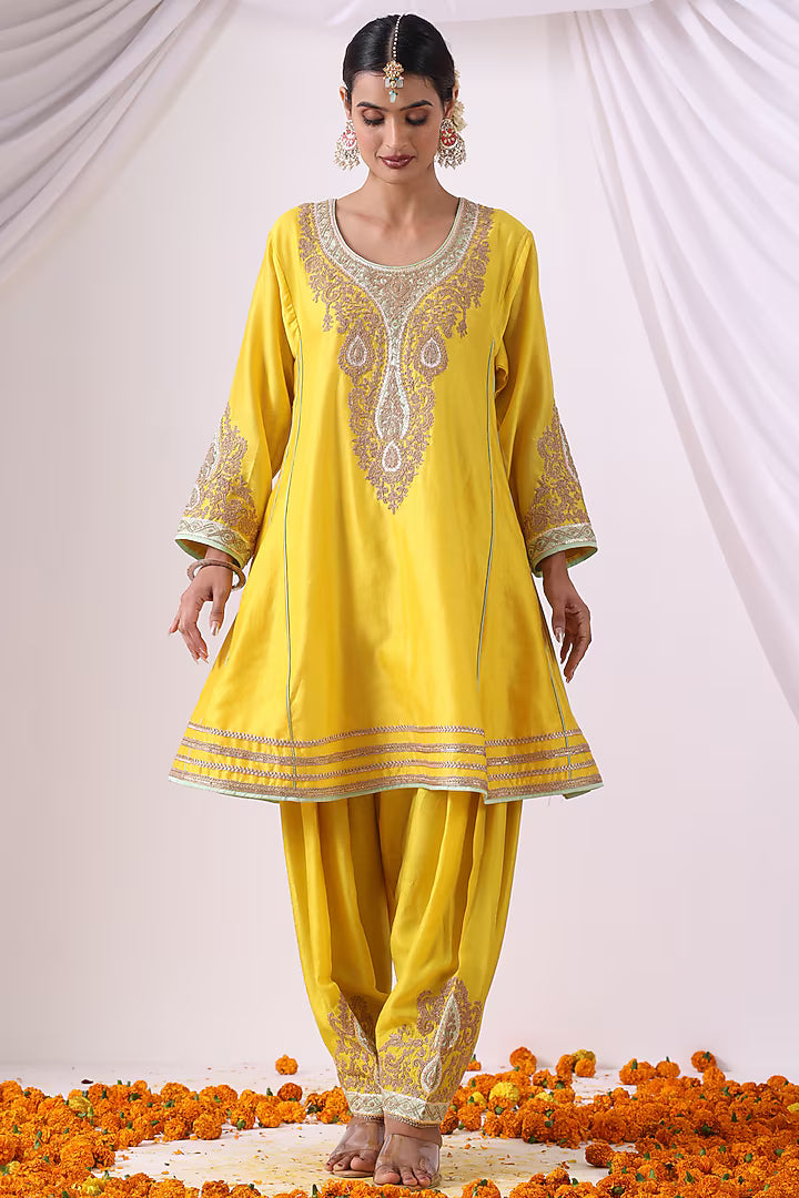 Yellow Chanderi Zari Embroidered Choga Kurta Set