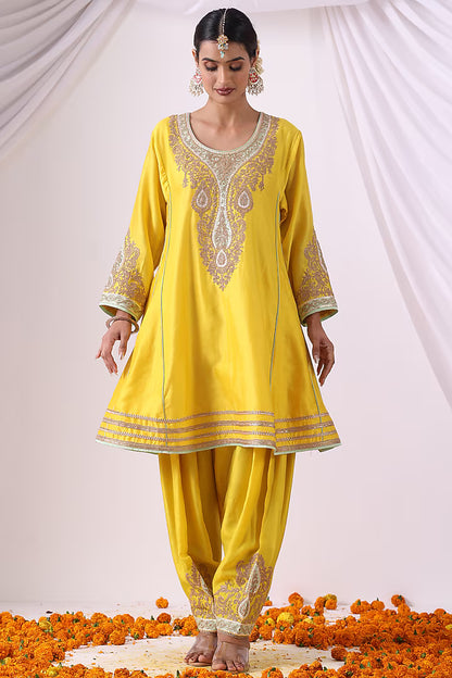 Yellow Chanderi Zari Embroidered Choga Kurta Set