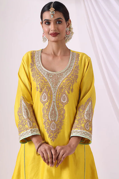 Yellow Chanderi Zari Embroidered Choga Kurta Set