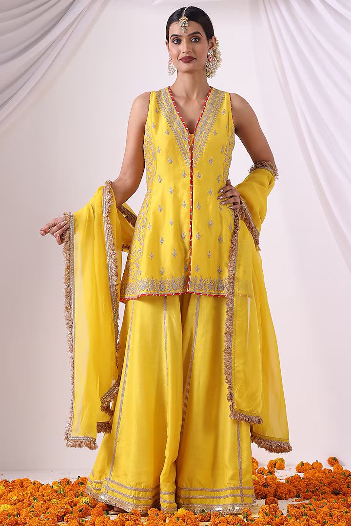 Yellow Dola Silk Sharara Set