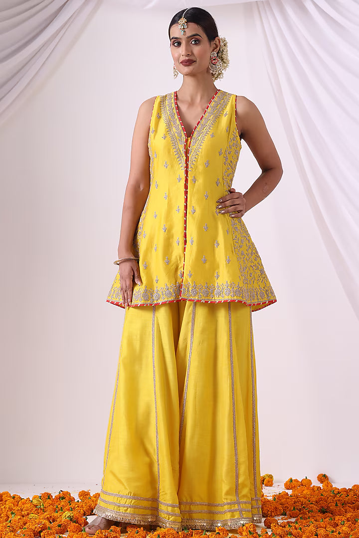 Yellow Dola Silk Sharara Set