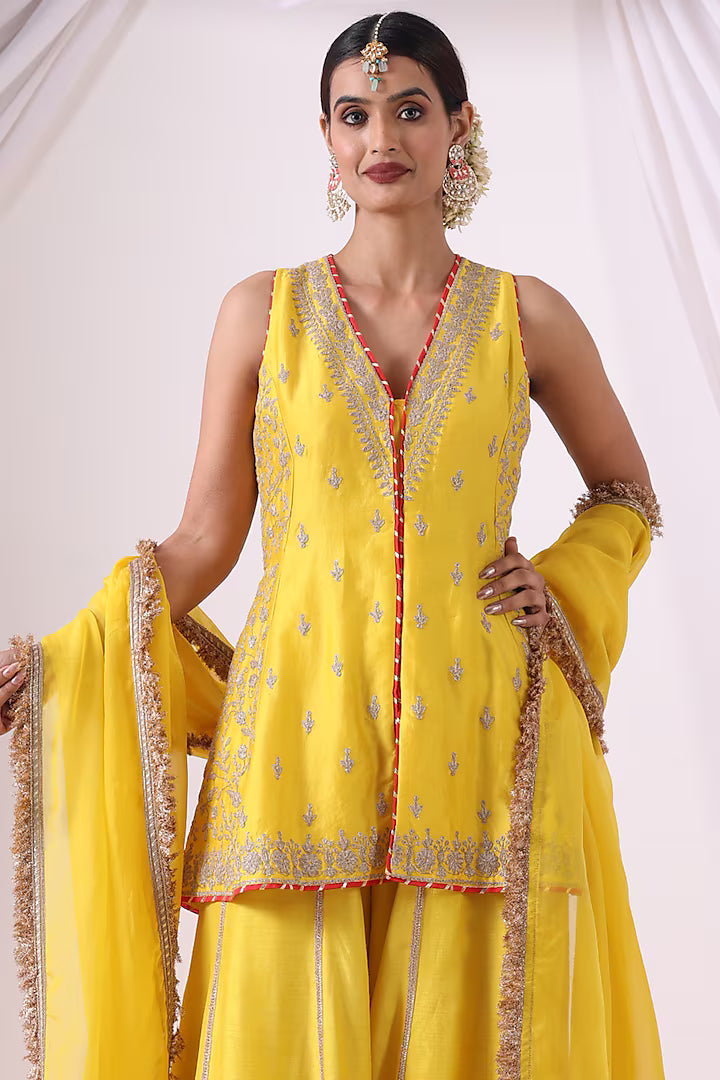 Yellow Dola Silk Sharara Set