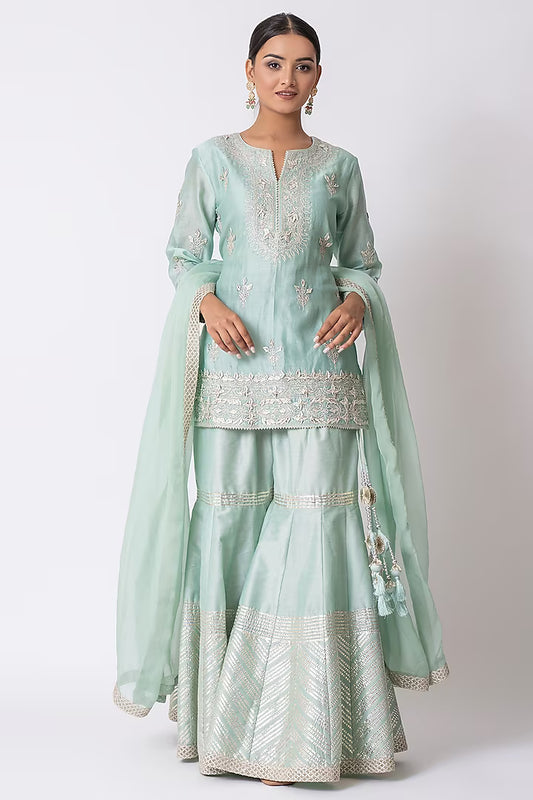 Sea Green Banarasi Katan Silk Gota Work Gharara Set
