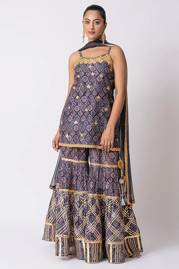 Blue Chanderi Ajrakh Printed Gharara Set