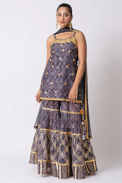 Blue Chanderi Ajrakh Printed Gharara Set