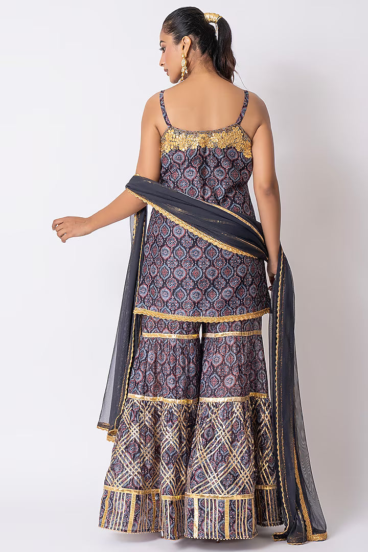 Blue Chanderi Ajrakh Printed Gharara Set