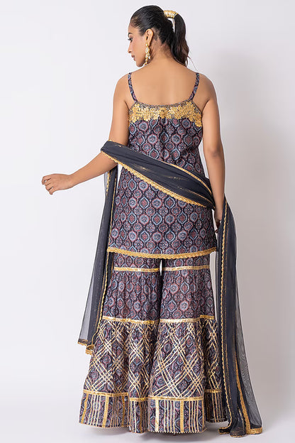 Blue Chanderi Ajrakh Printed Gharara Set