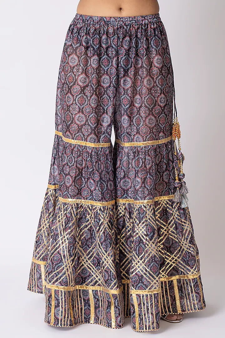 Blue Chanderi Ajrakh Printed Gharara Set