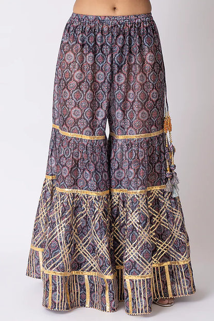 Blue Chanderi Ajrakh Printed Gharara Set