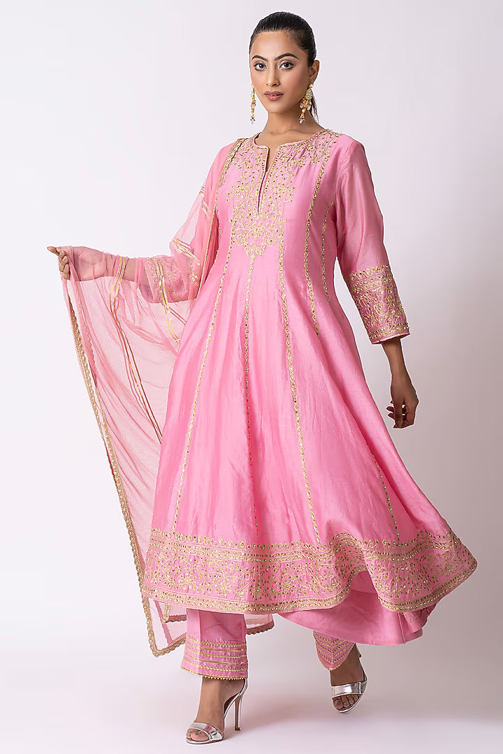 Rose Pink Chanderi Sequins Embroidered Anarkali Set