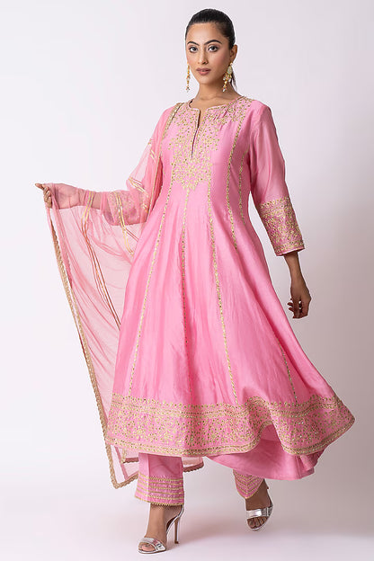 Rose Pink Chanderi Sequins Embroidered Anarkali Set
