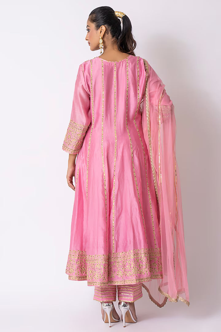 Rose Pink Chanderi Sequins Embroidered Anarkali Set