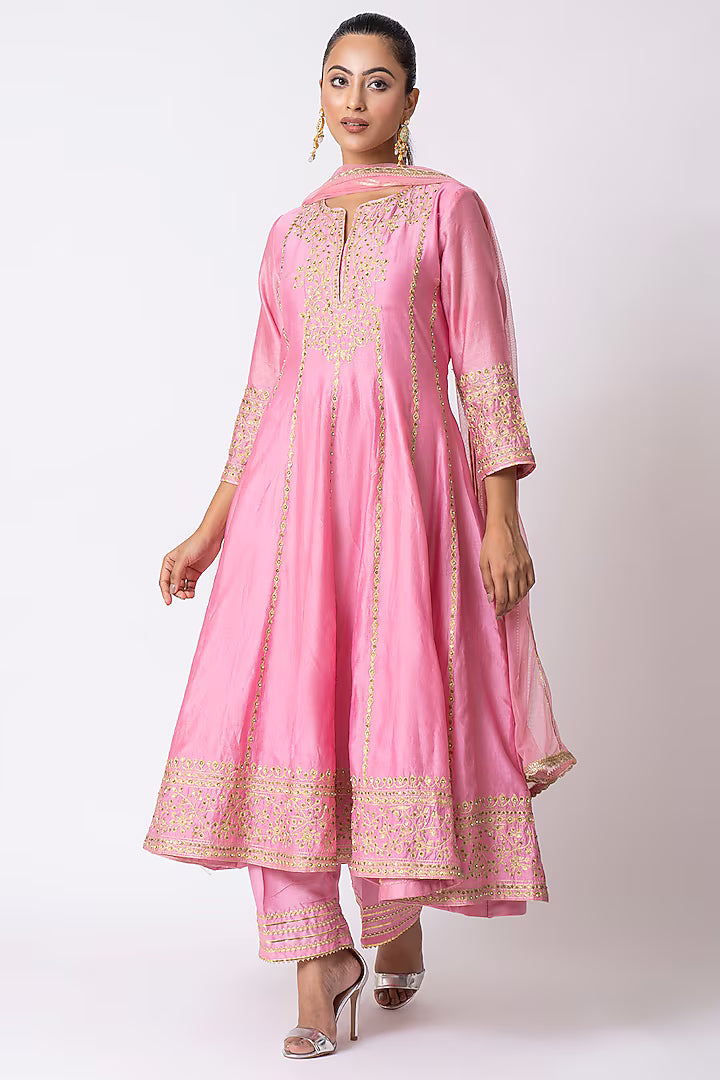 Rose Pink Chanderi Sequins Embroidered Anarkali Set