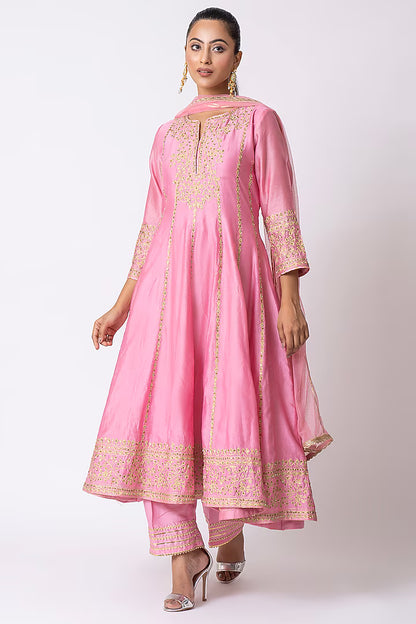 Rose Pink Chanderi Sequins Embroidered Anarkali Set
