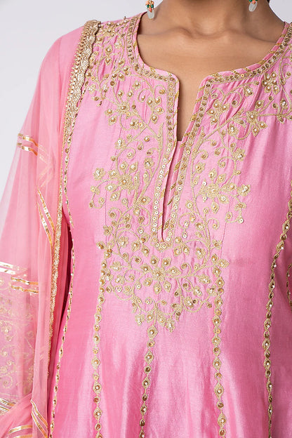 Rose Pink Chanderi Sequins Embroidered Anarkali Set