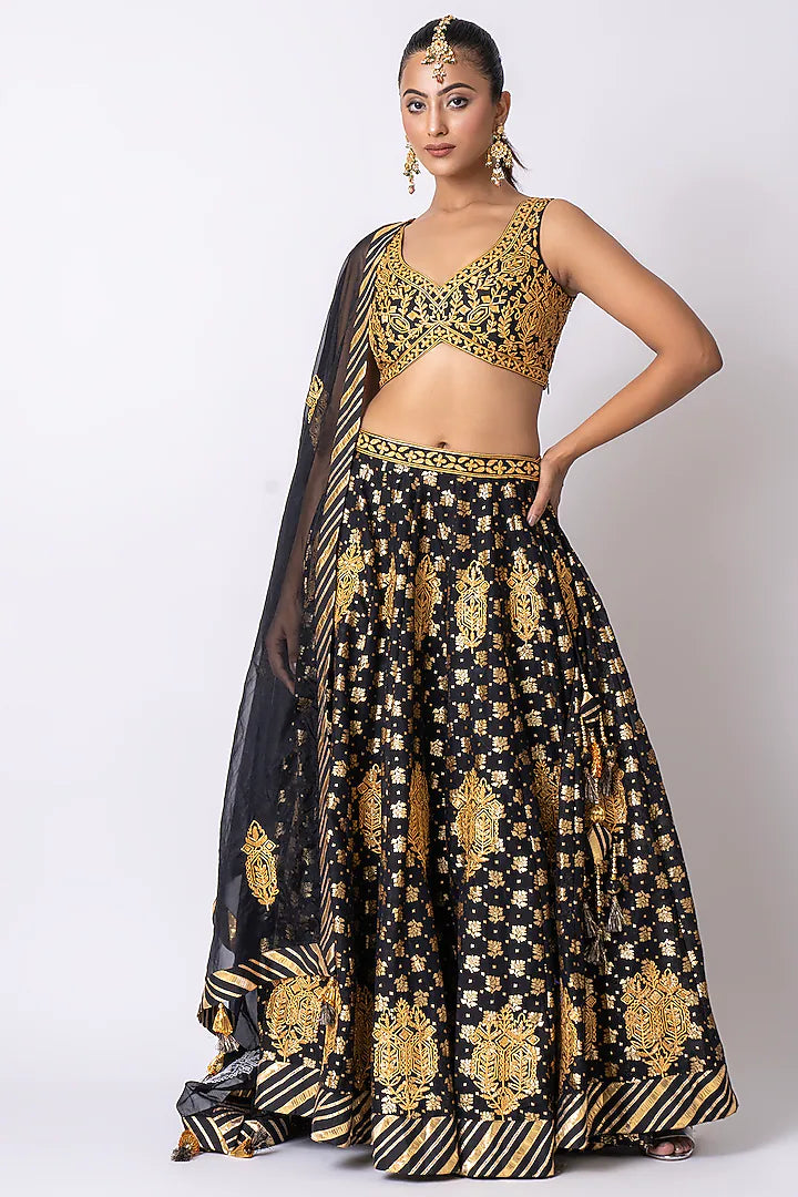 Black Pure Banarasi Khadi Gota Embroidered Lehenga Set