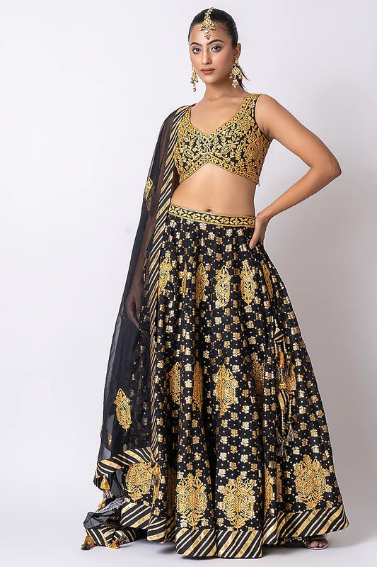 Black Pure Banarasi Khadi Gota Embroidered Lehenga Set