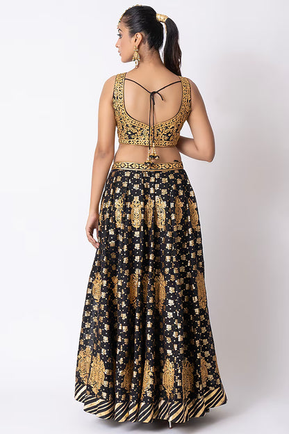 Black Pure Banarasi Khadi Gota Embroidered Lehenga Set