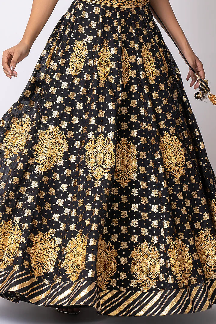 Black Pure Banarasi Khadi Gota Embroidered Lehenga Set
