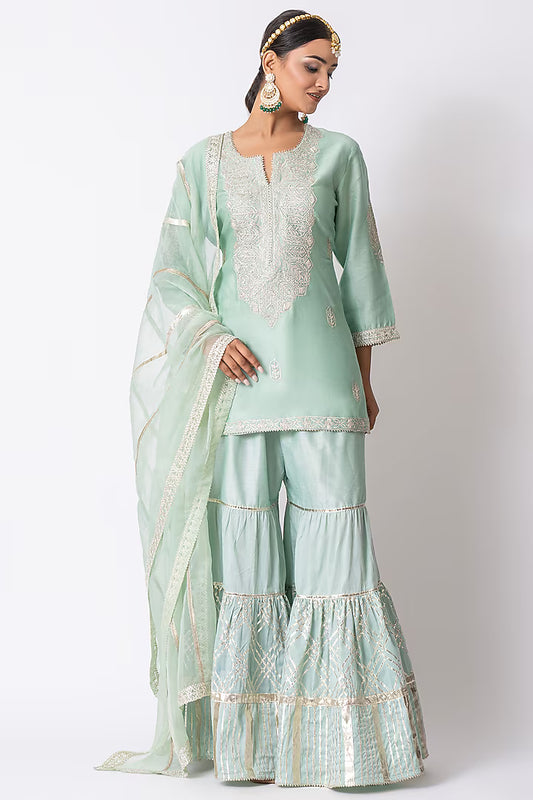 Sea Green Banarasi Katan Silk Gota Embroidered Gharara Set