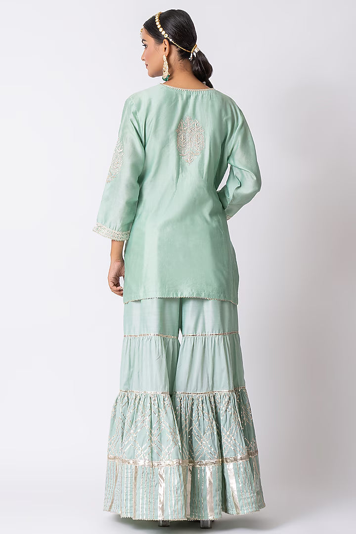 Sea Green Banarasi Katan Silk Gota Embroidered Gharara Set