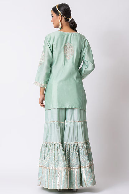 Sea Green Banarasi Katan Silk Gota Embroidered Gharara Set