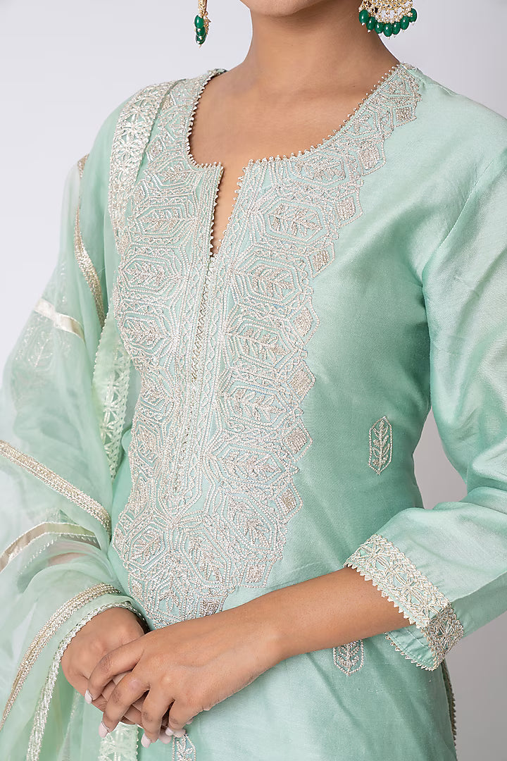 Sea Green Banarasi Katan Silk Gota Embroidered Gharara Set
