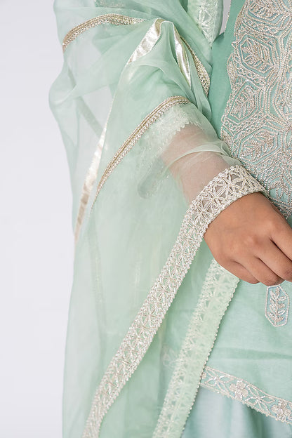 Sea Green Banarasi Katan Silk Gota Embroidered Gharara Set