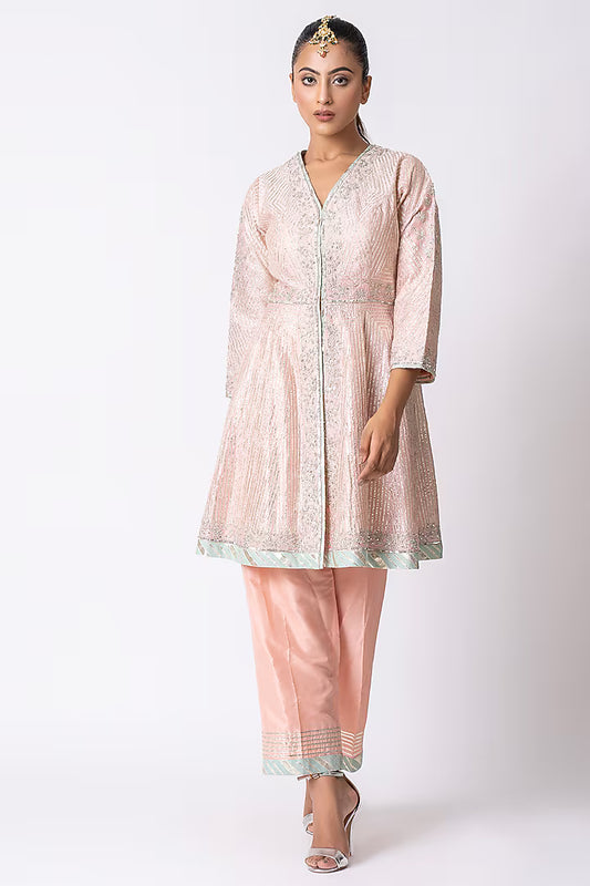 Peach Chanderi Gota & Sequins Embroidered Jacket Set