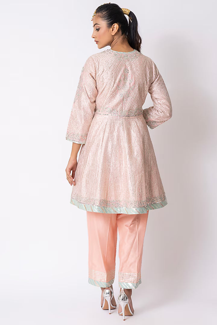 Peach Chanderi Gota & Sequins Embroidered Jacket Set