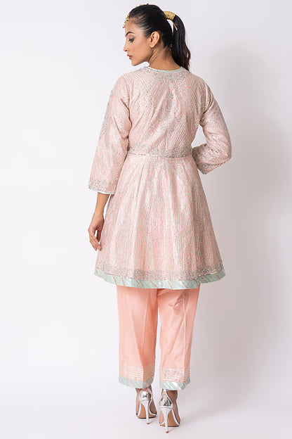 Peach Chanderi Gota & Sequins Embroidered Jacket Set