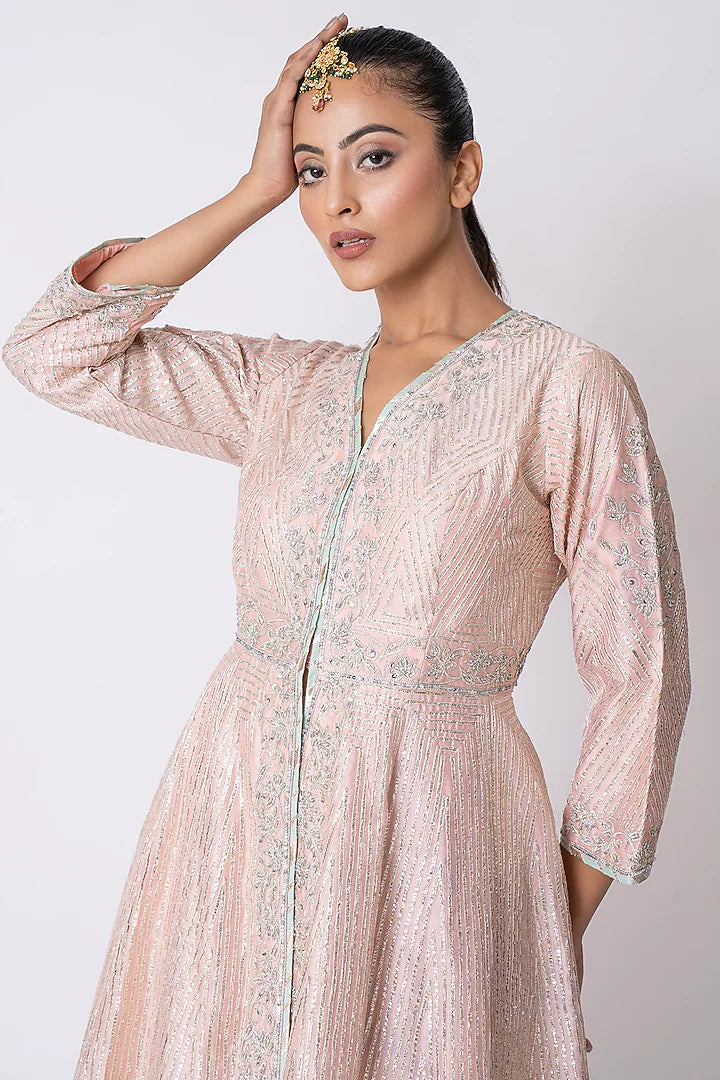 Peach Chanderi Gota & Sequins Embroidered Jacket Set